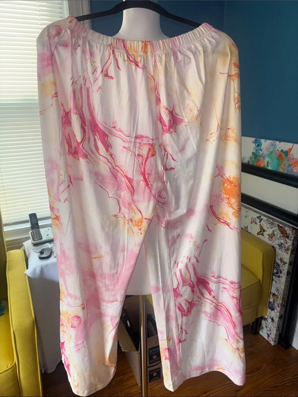 chic Marble-Print Pink & Yellow Satin Pajama Set